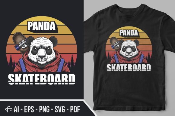 Panda Skateboard Retro Illustration